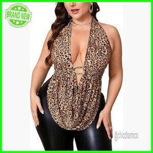 Plus Size Leopard Print Halter Top Backless Draped Front Sleeveless